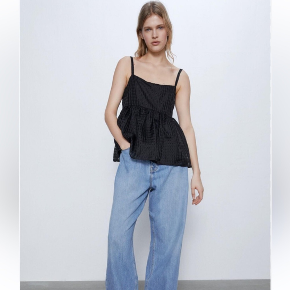 NWT black Zara baby doll top with a checkered pattern